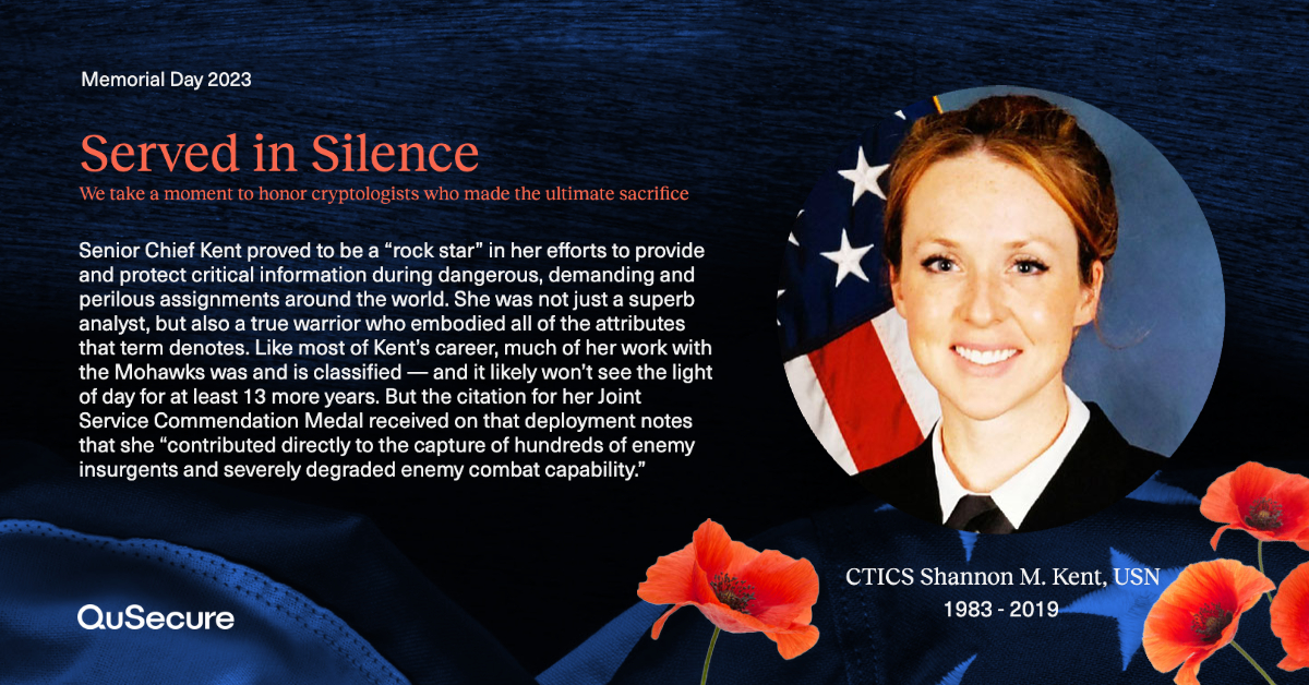 QuSecure's tweet photo. Gone, but not forgotten. In honor of #MemorialDay, we'd like to take a moment to celebrate military #cryptologists who “served in silence.” Thank you for your service and sacrifice. CTICS Shannon M. Kent, @USNavy https://t.co/jLLPZMCz5y