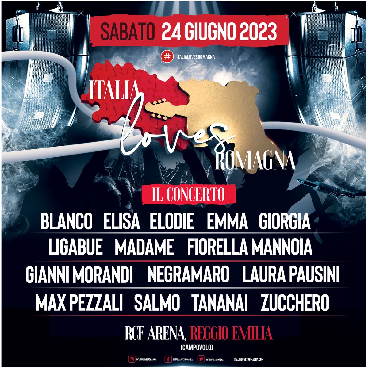 INSIEME PER LA ROMAGNA

24 GIUGNO 2023, RCF ARENA di REGGIO EMILIA (Campovolo)
“ITALIA LOVES ROMAGNA” - Il Concerto

Il grande concerto-evento per sostenere le popolazioni colpite dall’alluvione

Biglietti in prevendita dalle ore 11.00 di martedì 30 maggio

#italialovesromagna