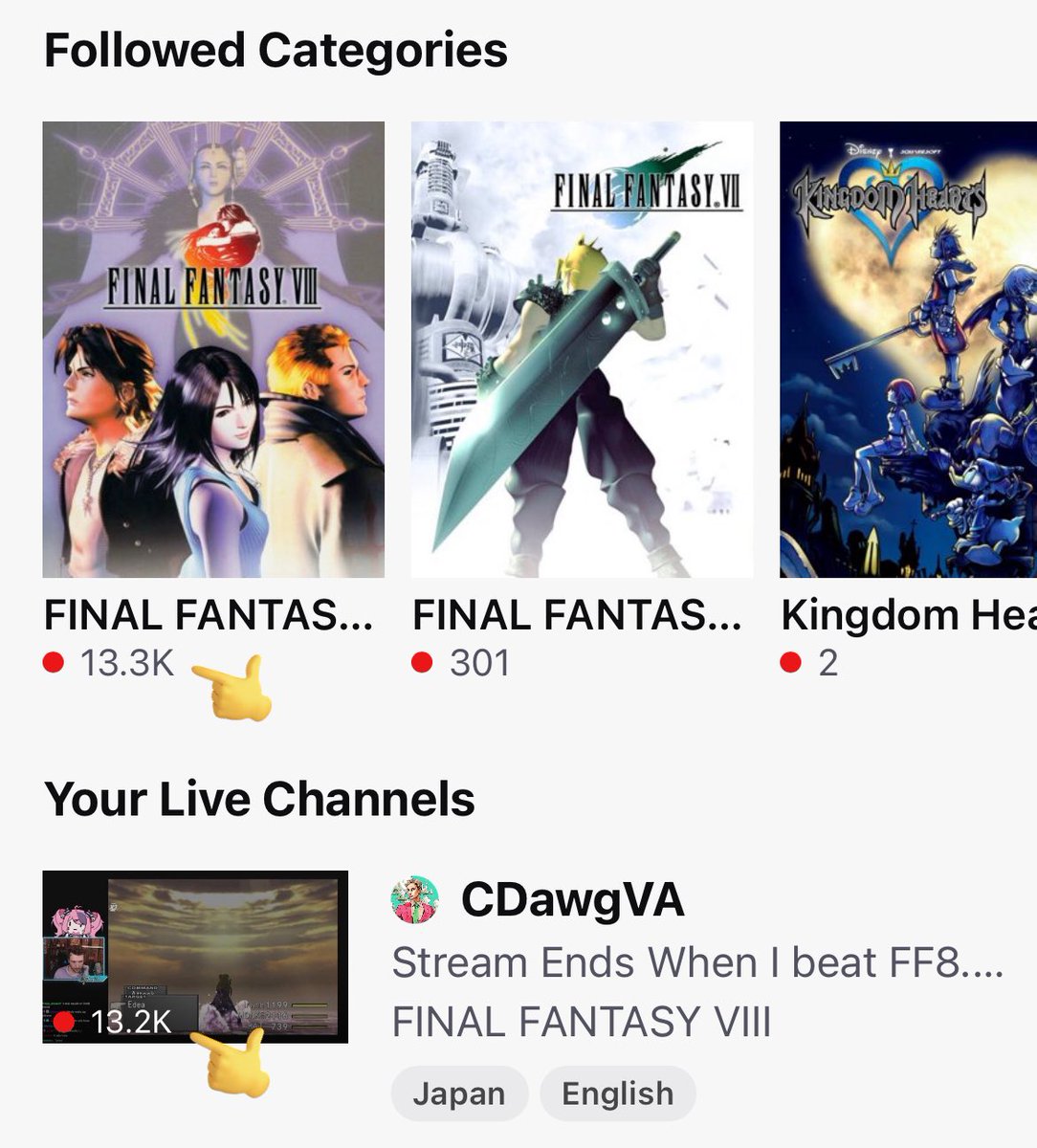 Final Fantasy 8 category on Twitch on fire today cuz my homie @CDawgVA is playing it and won’t stop until he’s done with the game 😂🔥

BASED and deserved (FF8 is actually my favorite Final Fantasy, and I hope more people will give it a chance) 🙌
