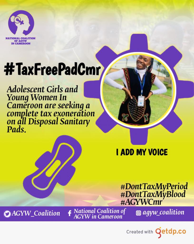 On Todays menstruation hygiene management day , we AGYW in Cameroon are calling on our government to remove every tax placed on pads and make pads available for all females #TaxFreePadCmr
#DontTaxMy Period
#DontTaxMyBlood
#AGYWCmr