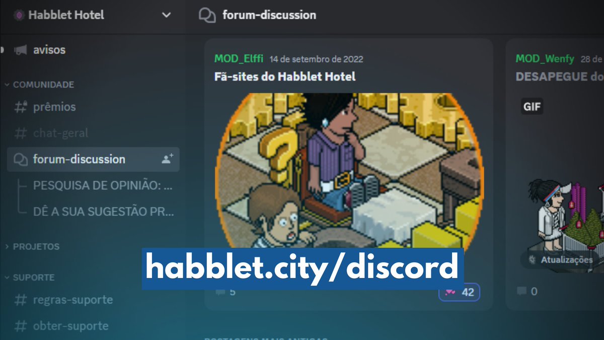 ModHabblet's tweet image. No servidor do Habblet do discord é possível compartilhar quartos, criar tópicos, conferir tutoriais (como se tornar vip, como trocar nick, comandos), compartilhar ideias, 𝐨𝐛𝐭𝐞𝐫 𝐬𝐮𝐩𝐨𝐫𝐭𝐞, participar de sorteios e muito mais! ☺️

Faça parte: habblet.city/discord