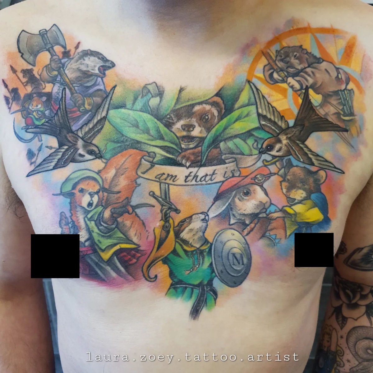 Adam's Redwall chest piece tattoo, inspired by the cover artwork of Troy Howell! We spot Redwall, The Long Patrol, Martin the Warrior, Outcast of Redwall, Rakkety Tam, and Pearls of Lutra! Ink by Laura Zoey, Penkridge Tattoo Studio, Staffordshire, UK. redwall.fandom.com/wiki/Redwall_T…