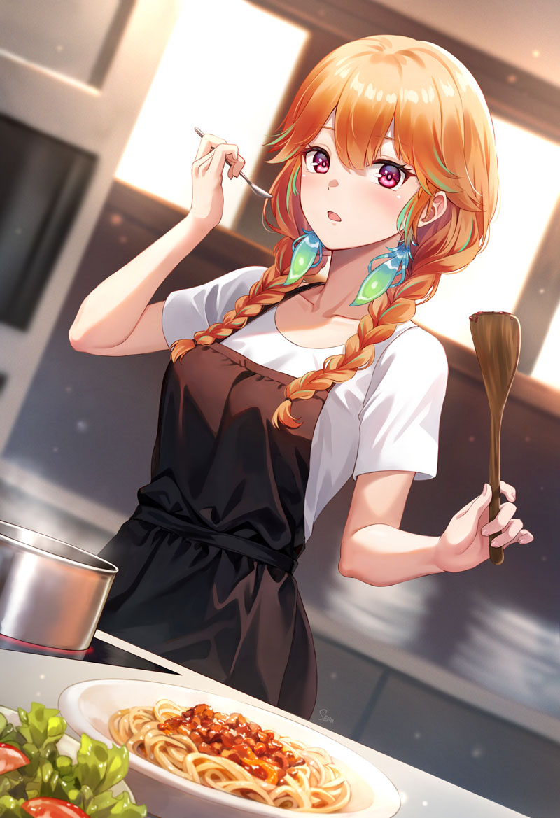 takanashi kiara 1girl solo feather earrings braid food orange hair twin braids  illustration images