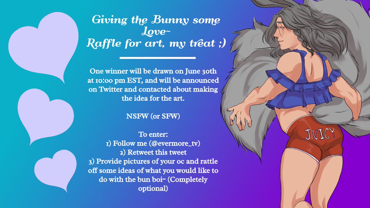 Good afternoon everyone~ It's time for my first raffle!
Thank <a href="/minatiaXIV/">minatiaXIV •🌙 🐉</a> for this one.
Winner gets an NSFW (or SFW) a/rt piece with me! And I'll pay for it!
You have until June 30th to enter! Take a peek below!
#Vtuber