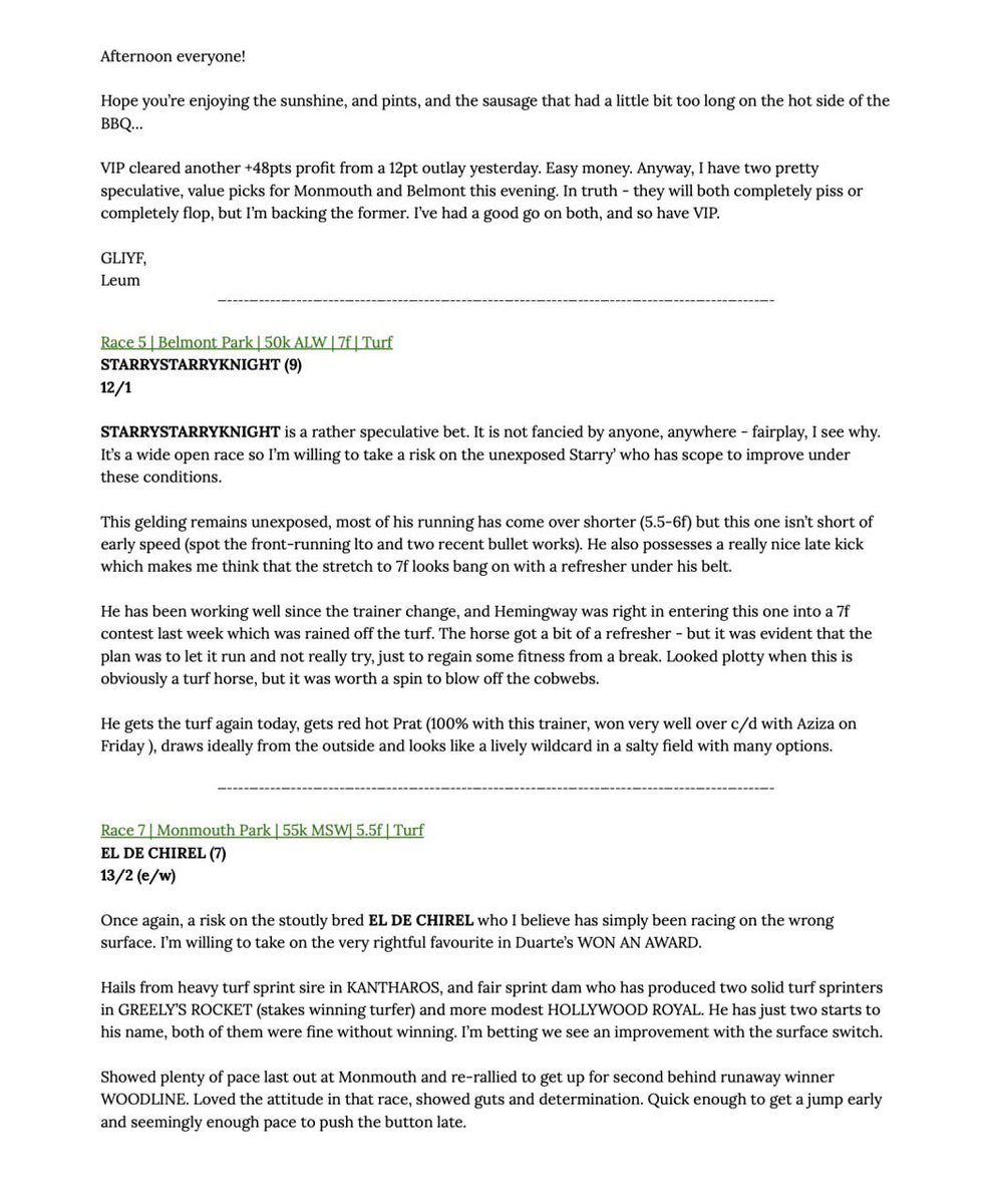 Afternoon everyone! 🇺🇸🍦

Hope you’re enjoying the sunshine, pints, and the sausage that had a little bit too long on the hot side of the BBQ…

Two selections from <a href="/StatesideLeum/">Leum</a> today for #BelmontPark <a href="/TheNYRA/">NYRA (🗽)</a> and <a href="/MonmouthPark/">Monmouth Park</a>

£50 prize to .. 1 person - free entry

1. Like