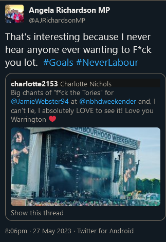 John O'Connell (@jdpoc) on Twitter photo 2023-05-28 16:28:52 @BellaWallerstei @jamespriceglos 'A shame to see a sitting Labour MP tweet this.'
How about a sitting Tory response ?? @BellaWallerstei @jamespriceglos 'A shame to see a sitting Labour MP tweet this.'
How about a sitting Tory response ??