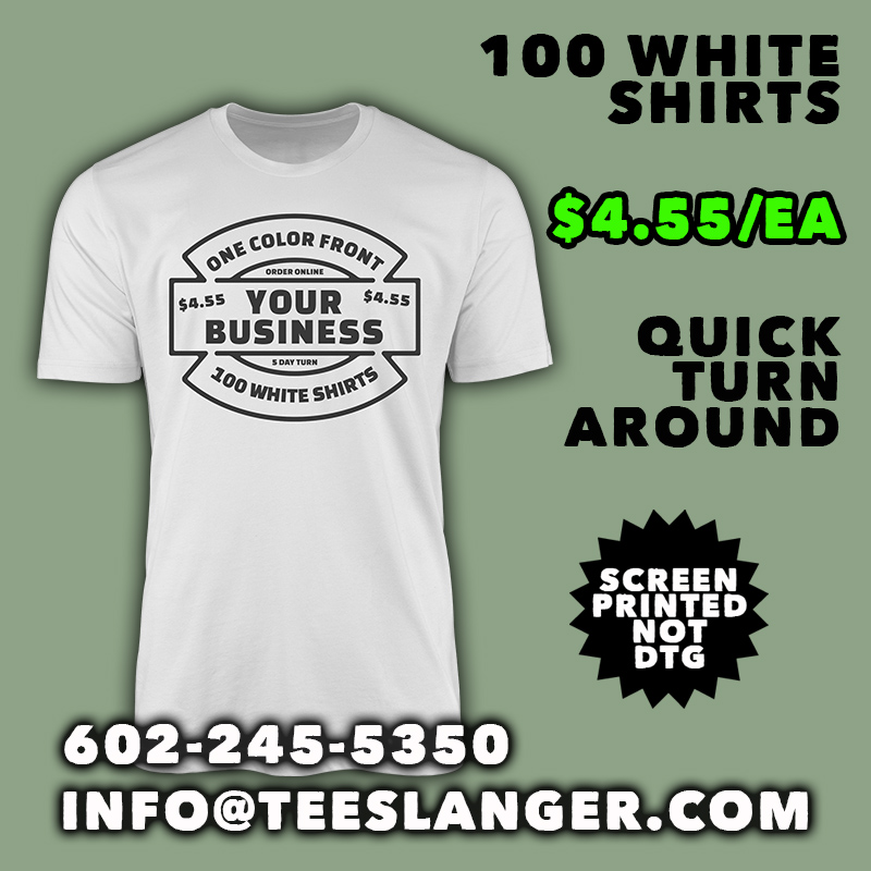 We are offering a smoking deal on 100 white shirts to celebrate opening our screen shop to outside customers. Reach out if you need shirts. Only 3 of these promos available. 
#tshirtprinting #businessshirts #screenprint #arizonaprinter #teeshirts #customshirt