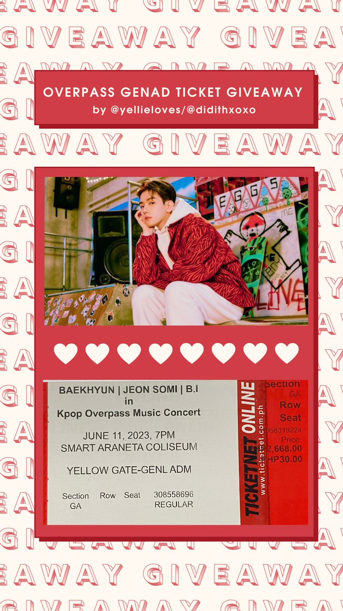 yeollieloves's tweet photo. 🍓Overpass GENAD Ticket Giveaway 1/2🍓
by @yeollieloves/@didithxoxo 

— Open for EXOLS only
— Ends on June 5, 8pm
— Winner will be announced same day
— Meetup for physical tix on D-Day

↓ see pics for the mechanics ↓

#OVERPASSinMNL #BAEKHYUN #OVERPASSinMNL_Baekhyun https://t.co/dTrSx5yxv6