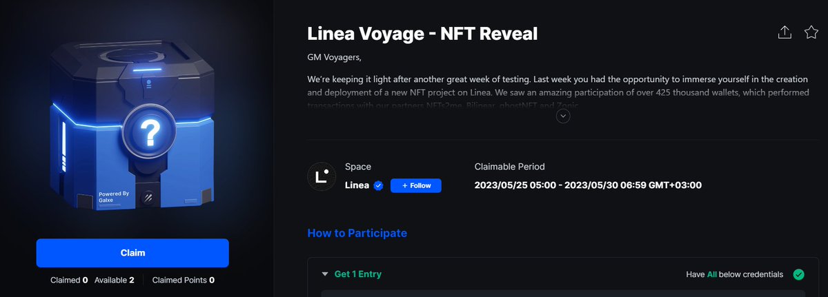 Linea'nın Galxe etkinliğine katılarak çok basit işlemlerle 'Voyage NFT'si mintledik✅

galxe.com/Linea/campaign…