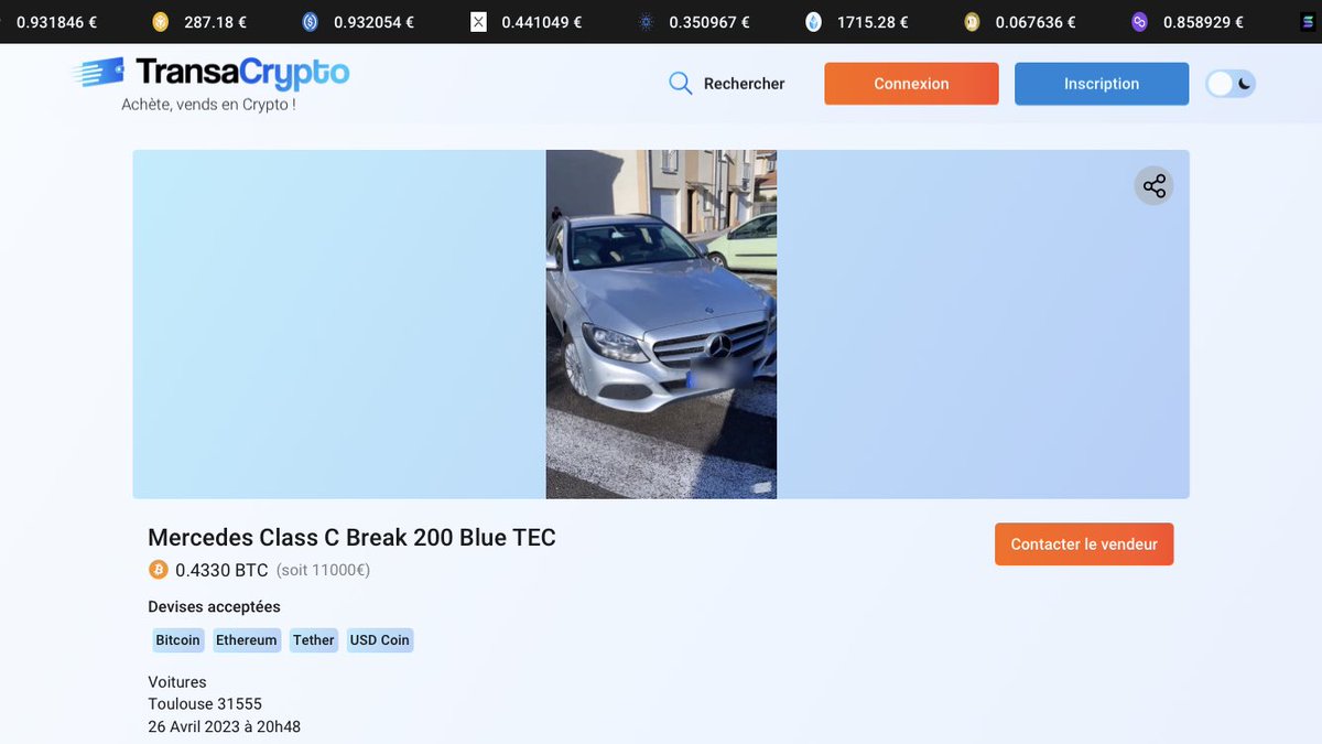 Une Mercedes Classe C Break 200 Blue TEC pour 0.4330 BTC  !👇

Retrouvez-la sur Transacrypto :

transacrypto.com/announce/4f645…

« Achète, vends en Crypto ! » 🚀 
La marketplace française de petites annonces en crypto.