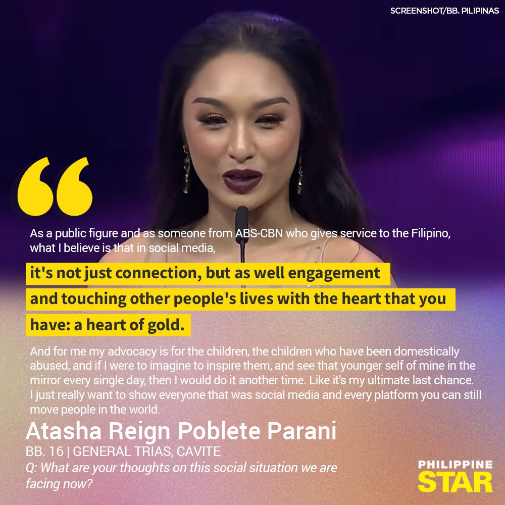 'YOU CAN MOVE PEOPLE IN THE WORLD'

Binibini Atasha Reign Parani expresses her stance on how social media and how it can touch people's lives during the Q&A portion of the #BbPilipinas2023 coronation night held at the Araneta Coliseum on Sunday.