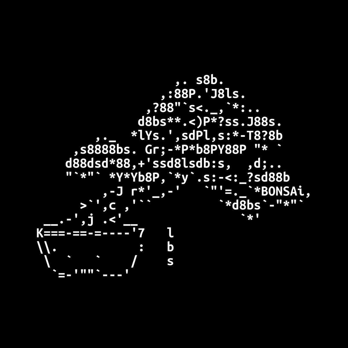 Bonsai Han-kengai 

A resemblance of a series is starting to emerge. I'll keep on pruning my trees as long as you love them.

#art #ascii #asciiart #bbs #computerart #digitalart #textart #textmode #8bitart #bonsai #bonsaiart #plant #plants #japanese #bonsaitree #handcrafted