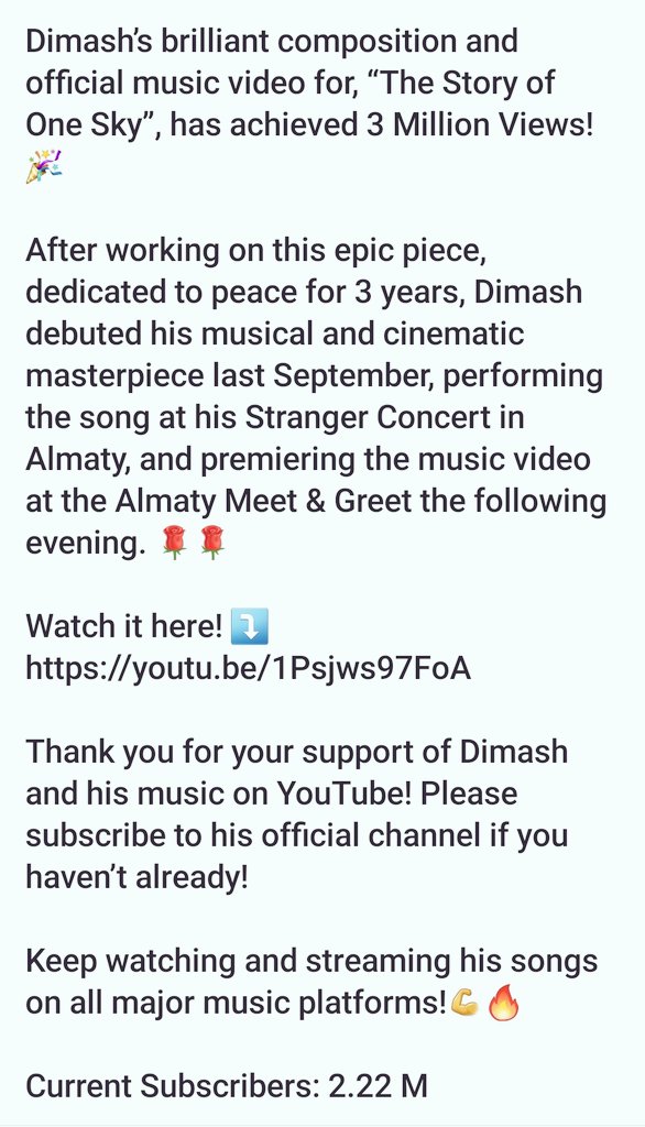 dimash_usa's tweet photo. Congratulations Dimash! 😍 

Dimash’s brilliant composition and official music video for,“The Story of One Sky”, has achieved 3 Million Views!🎉

Watch and subscribe here!➡️ https://t.co/ycWWPVl9Ab 

Subscribers: 2.22M

@dimash_official 
#dimash #music  #weloveyouintheusa 
ℹ️ ↘️ https://t.co/G9kSYLMeMZ