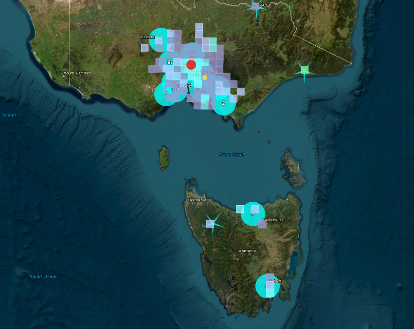 This map shows how far &amp; wide the #earthquake in #Melbourne has been felt. We've had 21,386 reports so far - some as far north as Bendigo &amp; as far south as Hobart. earthquakes.ga.gov.au