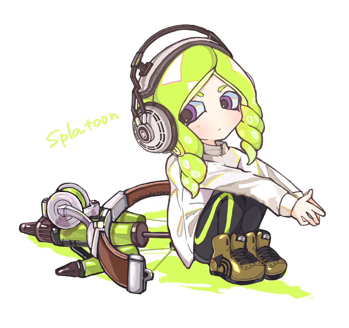 headphones 1girl green hair solo white background long sleeves simple background  illustration images