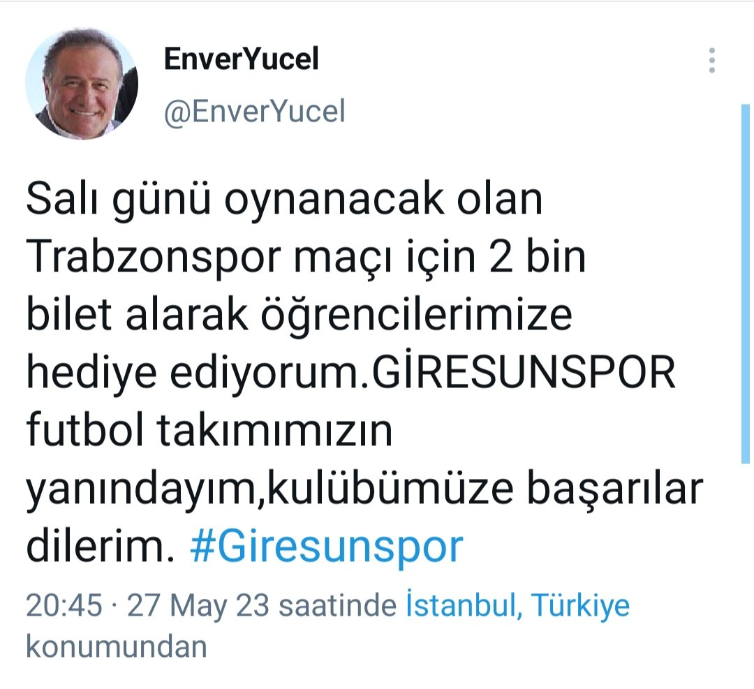 Mütevelli Heyeti Başkanımız Sn. Enver Yücel, 30 Mayıs 2023 Salı akşamı saat 20:00 da  oynanacak Giresunspor - Trabzonspor karşılaşmasında öğrenci ve velilerimiz için maç bileti hediye etmiştir.
Katılmak isteyen veli ve öğrencilerimiz koç öğretmenlerimiz ile iletişime geçebilirler