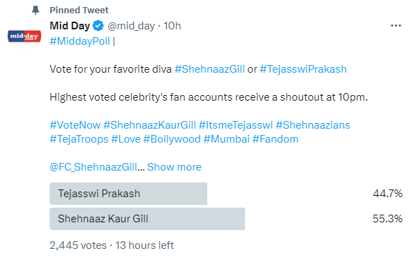 mid_day's tweet image. #MiddayPoll |

The results are in!! 

@ishehnaaz_gill fans win!!!!!! 

It was a close call between #TejaTroops &amp;amp; #Shenaazians

#ShehnaazGill fandom has won scoring 55.3% 

Let's applaud the spirit of all #TejasswiPrakash fans! 

#Shoutout to all Shehnaaz Kaur Gill fans!