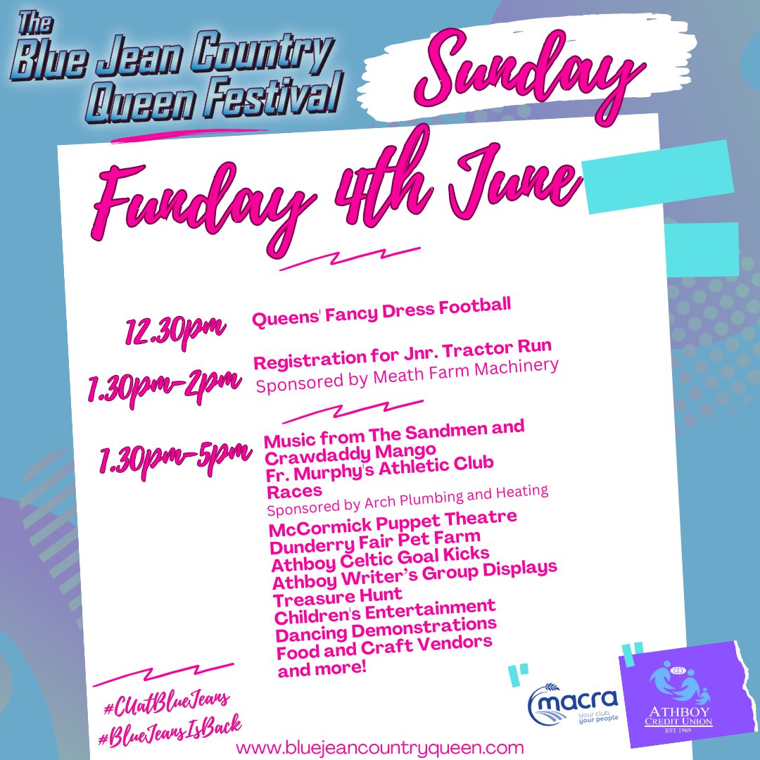 BlueJeanFest's tweet image. We'll have an absolutely packed Sunday afternoon for you in Athboy Fair Green #CUatBlueJeans #BlueJeansIsBack