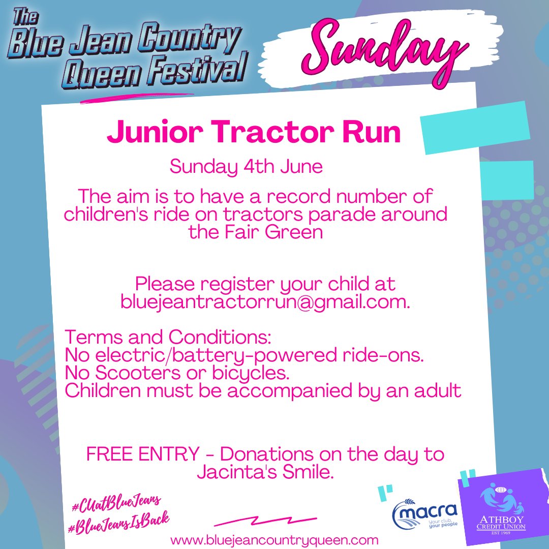 BlueJeanFest's tweet image. We'll have an absolutely packed Sunday afternoon for you in Athboy Fair Green #CUatBlueJeans #BlueJeansIsBack