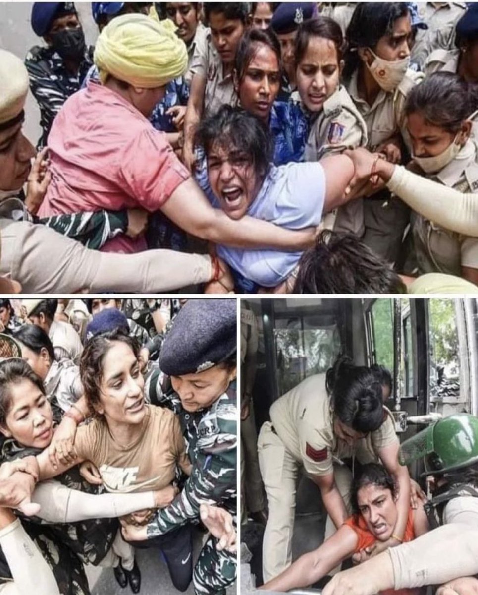 This is excruciatingly hurtful to witness  such horrific visuals of atrocities against our sisters! Today sadly we’ve become “a broken society that failed to protect its women” Arrest @b_bhushansharan @BrijBhushanMP  
#democracyisdead #WrestlerProtest 
#parliamentinauguration