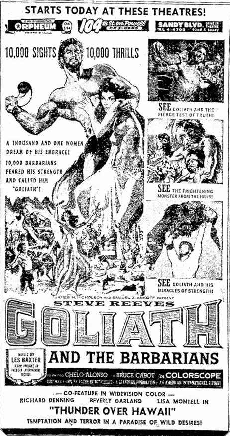 This is a collection of media from the initial releases of 'Goliath and the Barbarians' (1959) in the Pacific Northwest. 

#ClassicCinema #Peplum #SteveReeves #BeverlyGarland #DickMiller #RogerCorman #AmericanInternationalPictures  #misinformation 

mortado.com/index.php/hist…