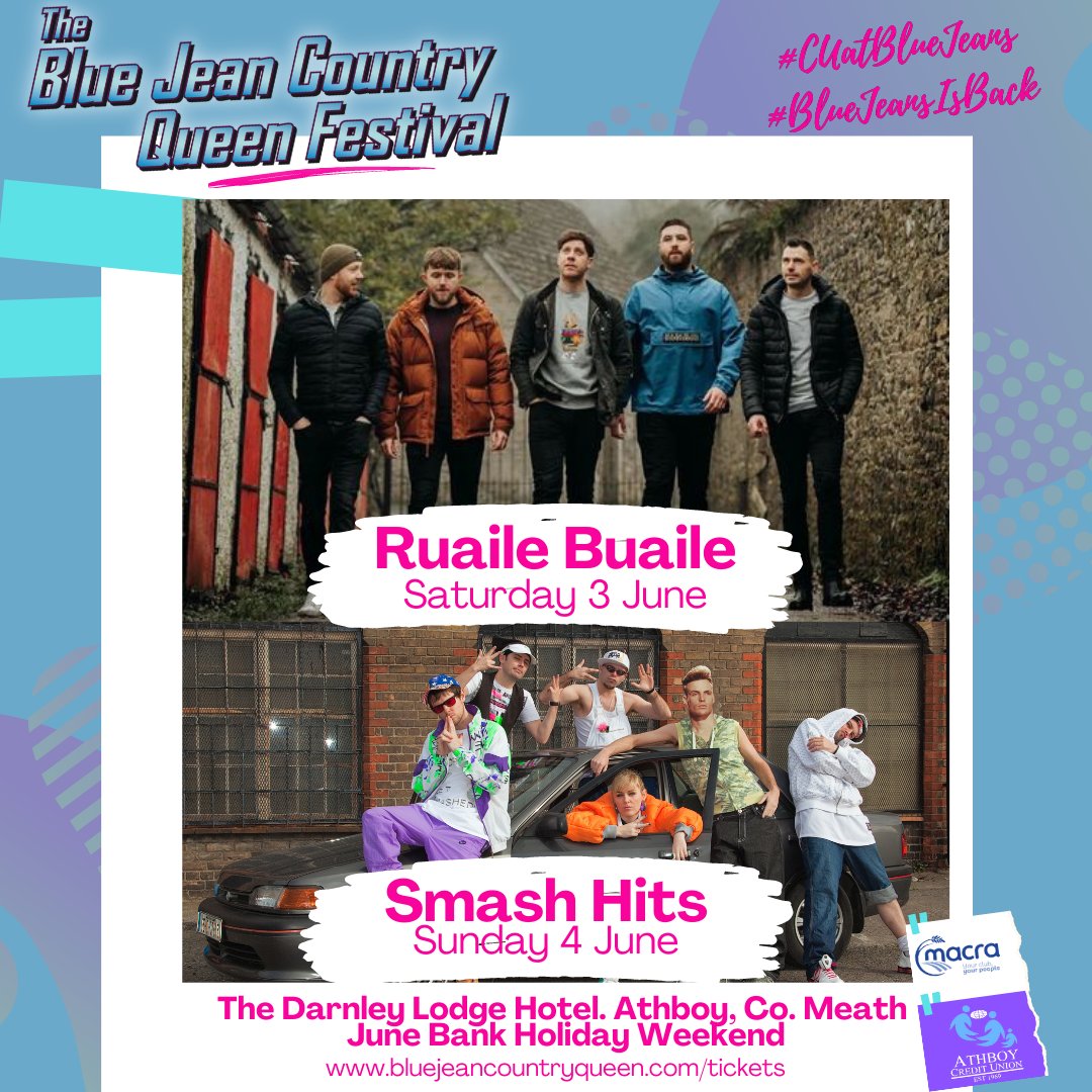 BlueJeanFest's tweet image. Ruaile Buaile and Smash Hits are live this June Bank Holiday Weekend at the Blue Jean Country Queen Festival

For more information visit
bluejeancountryqueen.com

#CUatBlueJeans #BlueJeansIsBack