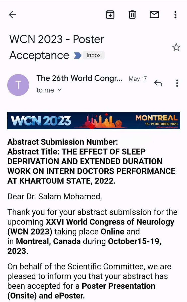 I'm happy to announce that our research has been accepted as a poster at the 26th World Congress of Neurology! 🤩😍📷 at Montreal, Canada 🇨🇦
@wfneurology. 
I'm very excited to meet great minds and fellow doctors. thanks to my colleagues
@Sabrihimself
@Im7e_
@mohammed_sv

#WCN2023