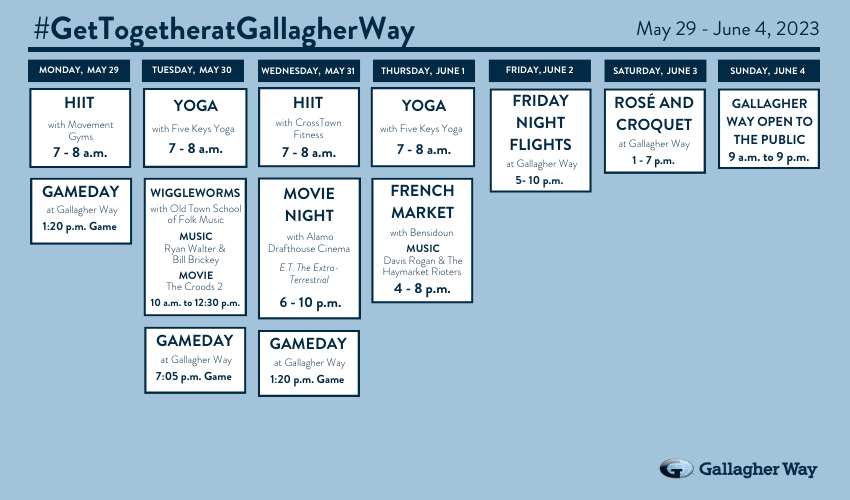 GallagherWayChi's tweet photo. You're in luck- there are so many fun activities to add to your calendar this week! Whether you're looking for post-work plans, your next workout sesh, or a date-night activity, there are many reasons to #GetTogetheratGallagherWay. ⚾️🎬🧘🍷🍺 https://t.co/kUYWy1jNCT