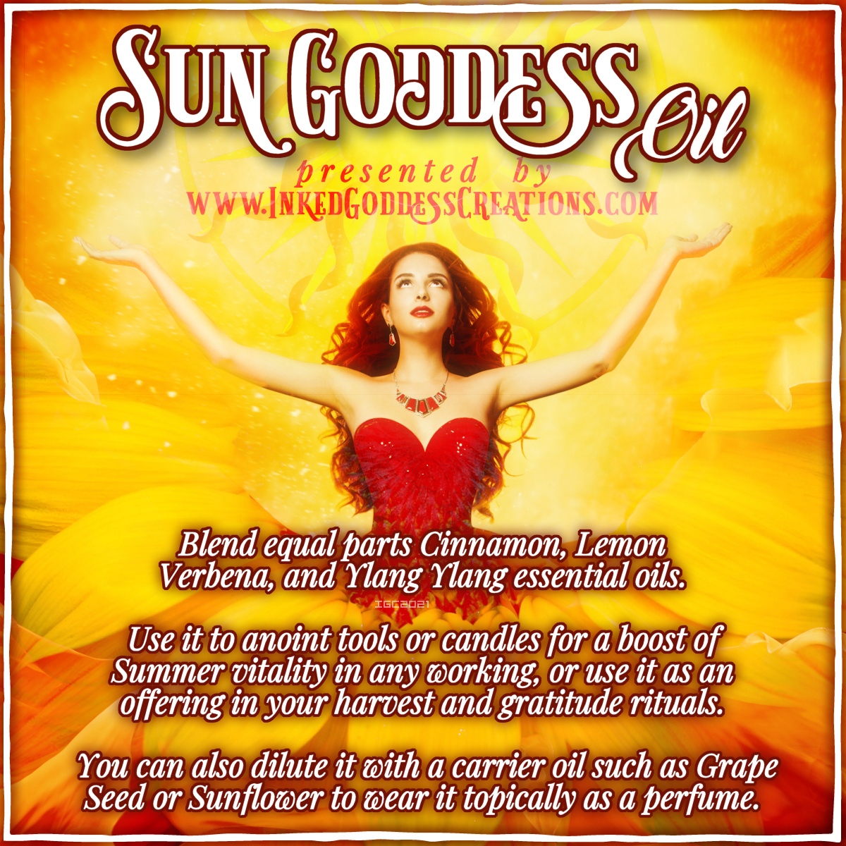 inkedgoddesshop's tweet photo. ~ Sun Goddess Oil ~

Fiery Cinnamon unites with airy Lemon Verbena and angelic Ylang Ylang to uplift and embolden you, filling you with the very essence of Summer to invite strength, creativity, power, and confidence.

#Aromatherapy #SunMagick
https://t.co/R80VsP5pLl https://t.co/U1AWnnrLLl