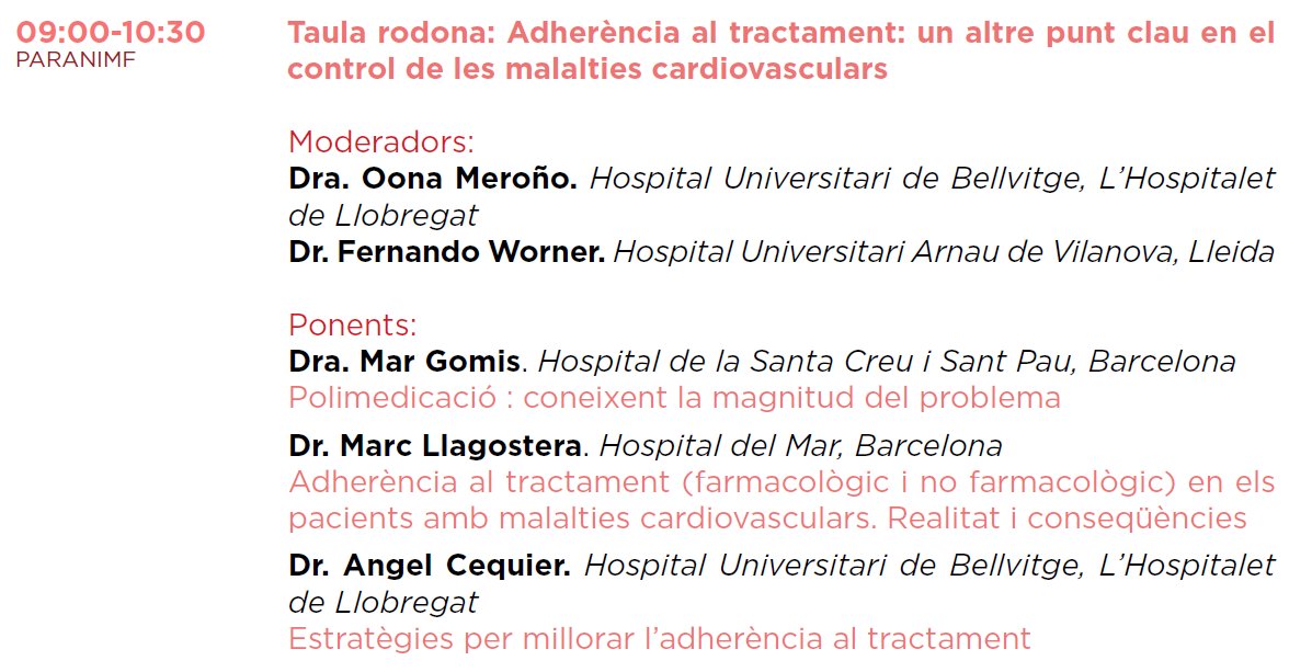 🕛De 9-10:30
Taula rodona: Adherència al tractament: un altre punt clau en el control de les malalties cardiovasculars
⭕Moderadors:
Dra <a href="/OonaMerono/">oona meroño dueñas</a>
Dr Fernando Worner
⭕Ponents:
Dra <a href="/margomis/">Mar Gomis-Pastor</a>
Dr <a href="/llagostera_marc/">Marc Llagostera</a>
Dr <a href="/AngelCequier/">Ángel Cequier</a>

🔗Pre-Programa: catcardiocongres.cat/index.php/prog…
Seguim👇