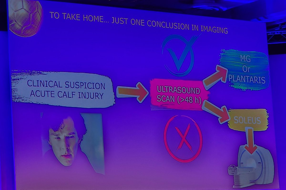Fantastic presentation from @carlespedret breaking down imaging in the acute calf injury - if you have the clinical suspicion but your ultrasound is negative, don't forget the #soleus! @footballmed #isok23