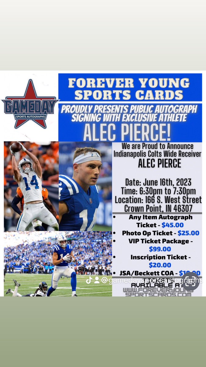 Last call to get items in for #indianapoliscolts #widereceiver , #alecpierce .  We hope to see everyone at #foreveveryoungsportscards on June 16 to meet him. Details on mail in below. #colts #cincinnatibearcats #viral #gamedaysportsautographs 

Alec Pierce- Colts
$45 any item