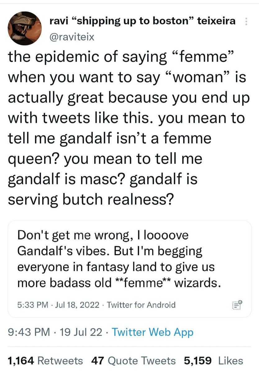 the iconic twitter quote tweet i think about gandalf butch realness all the time