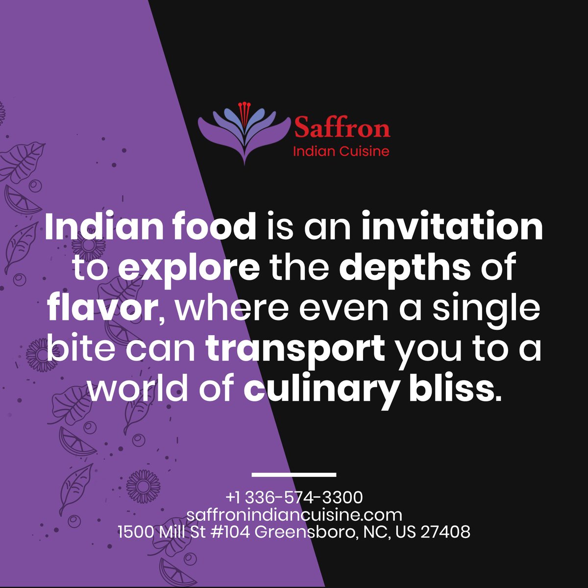 Delight in the refreshing zest of Saffron Indian Cuisine✨
.
#SaffronIndianCuisine #indianfood #indianfoodie #indianfoodlovers #winstonsalemfood #triadfood #hpufood #uncgfood #quotes #quote #quoteoftheday #foodquote
