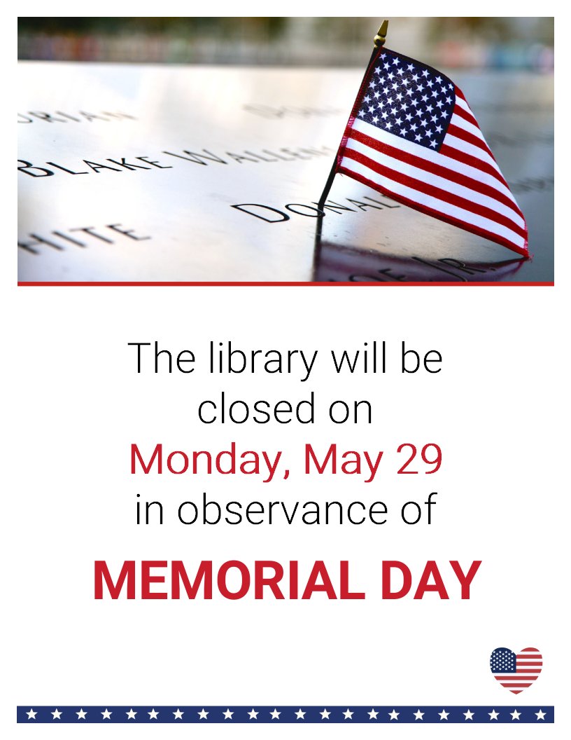 PublicLibrary43's tweet image. Reminder! The library will be closed on Monday, May 29 in observance of Memorial Day. We will reopen on Tuesday, May 30 at 10 AM! You can download or stream ebooks, music, audiobooks, and more anytime for free with your library card!  libraryaware.com/2SFXX7