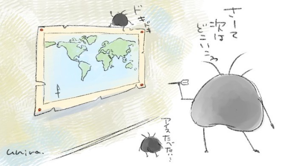 より抜きウニら世界のウニら35番外編。次はどこの国に行くのかをダーツで決めてるんすよ。 ドキドキワクワクしますが果たして… #ウニら #ゆるいイラスト #オリキャラ #イラスト #イラスト好きと繋がりたい #ダーツの旅