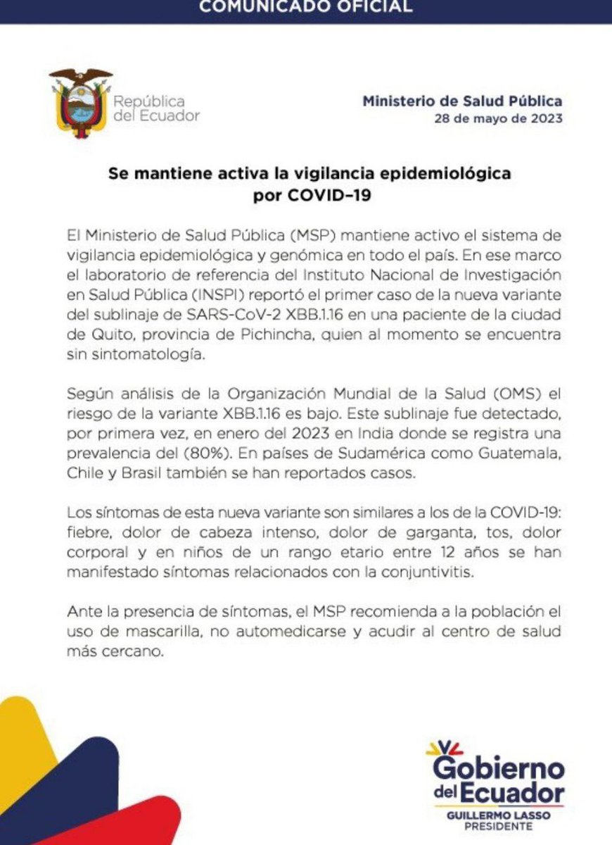 En Ecuador se ha secuenciado una muestra de secreción nasofaríngea que dio positivo para la nueva variante #XBB116 llamada erróneamente en algunos lugares como #arcturus 
Que significa esto ? Pues por ahora nada de que preocuparse 
En este #hiloflash te cuento lo que debes saber