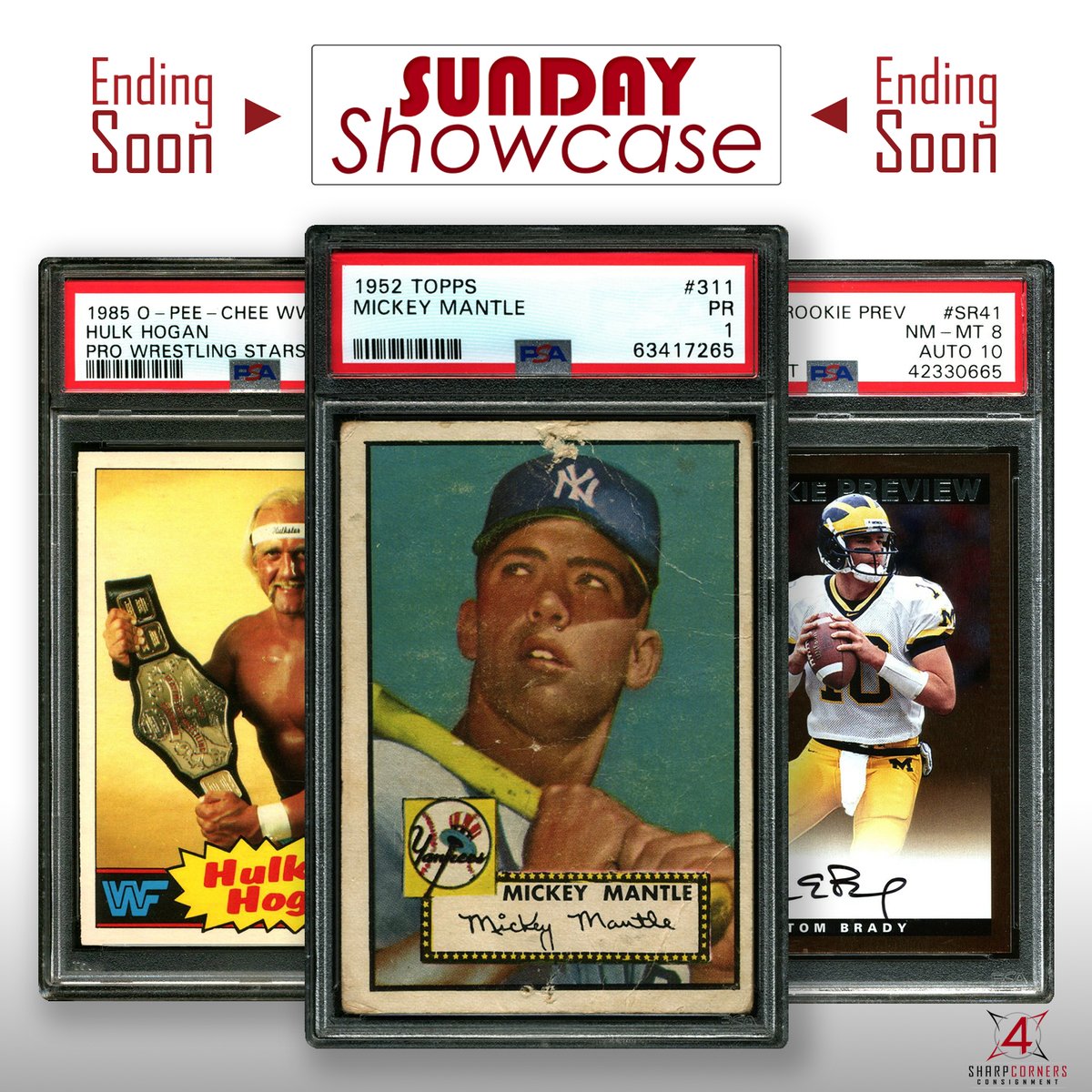 3 sports - 3 GOATS: Tonight is your last chance to own The Hobby's most storied card, along with Brady's rookie auto, HOF wrestler Hulk Hogan, and thousands more. 
#Topps #Autograph #MickeyMantle #HolyGrail #PSACard #WhoDoYouCollect #TomBrady #HulkHogan #GOAT #SundayShowcase