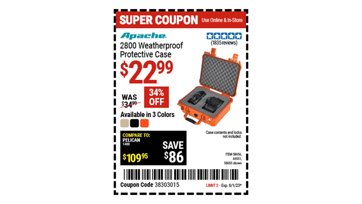 Buy the APACHE 2800 Weatherproof Protective Case (Item 58655) for $22.99 with coupon code 38303015, valid through June 1, 2023. See the coupon for details: go.harborfreight.com/coupons/2023/0…