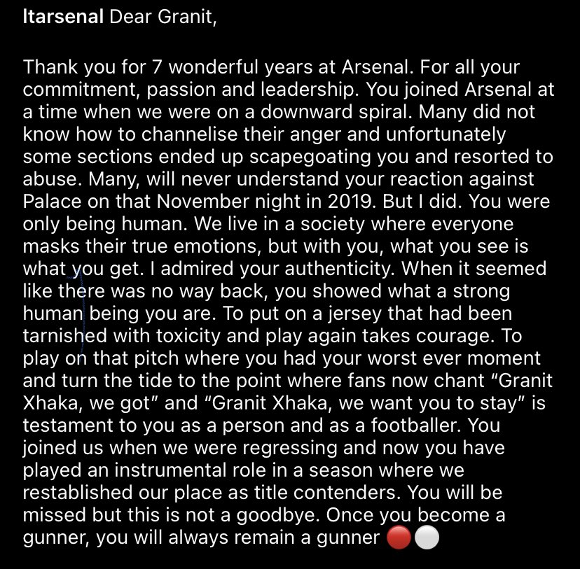 He’s never gonna see this but wrote a farewell message to Granit Xhaka