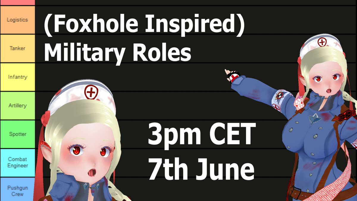 saintoffailure's tweet photo. My Birthday is around the corner, so I want to do a Tierlist, where I sort you into one of the many possible Roles in the War of the Game Foxhole!
To enter, please drop:
- your OC/png
- 1 thing you are good at
- 1 thing you are bad at
- 1 random word
#Vtuber #VTuberUprising https://t.co/vMg8f4wbER