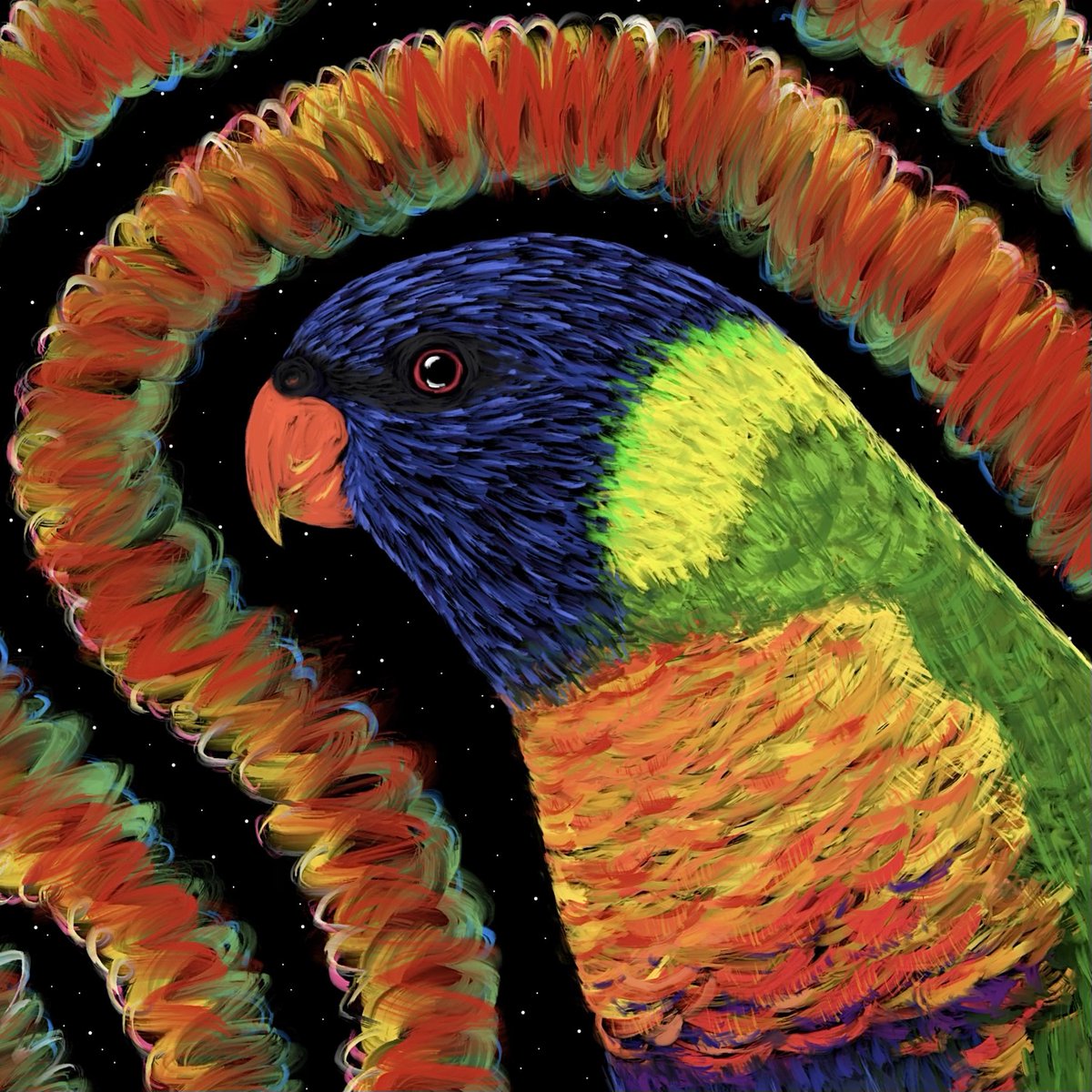 I could spend a whole day purely watching and admiring parrots and birds! So I had to paint one of my favorites - Rainbow lorikeet! 🦜🧡

More birds coming to my new <a href="/opensea/">OpenSea</a> collection!