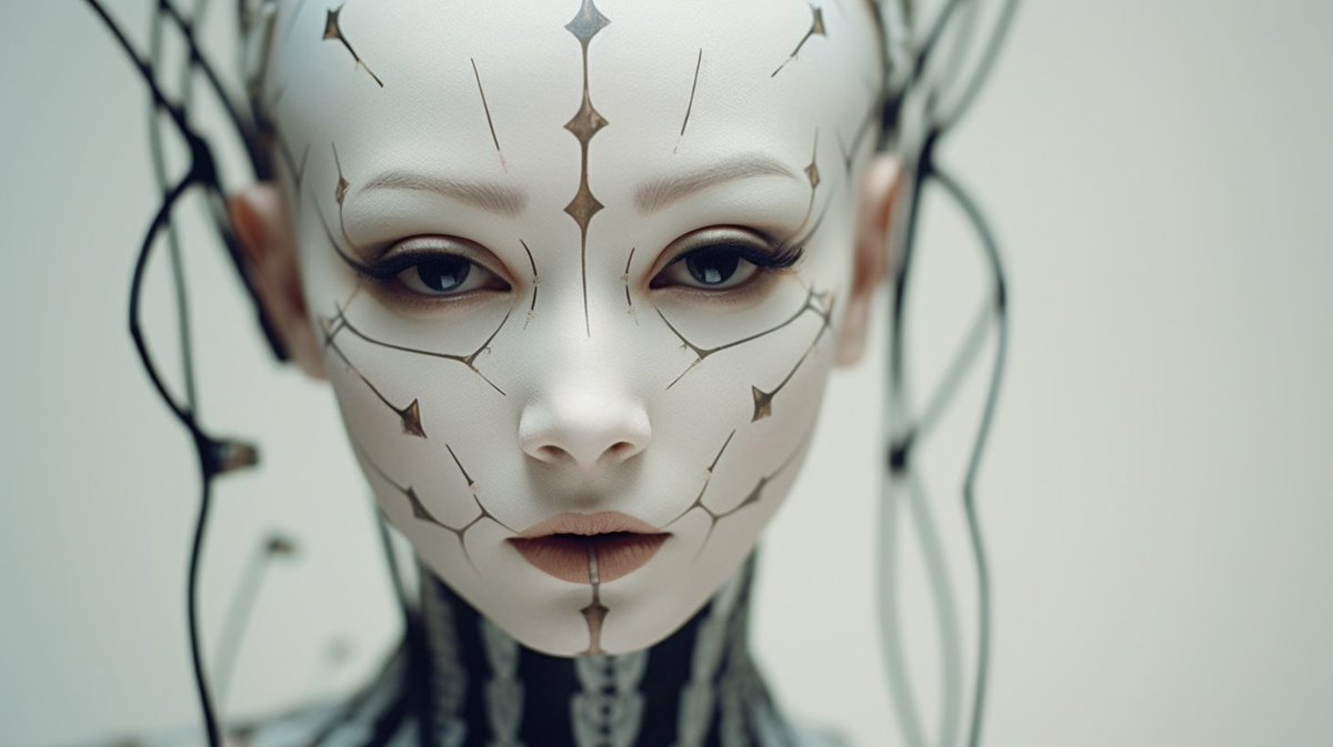 aliejules's tweet photo. One of my favorite images (of the hundreds I ran) of this prompt:

portrait shot, porcelain doll alien with intricate lines painted on her face --ar 16:9

#midjourneyv51 https://t.co/xfPsuCCz5A