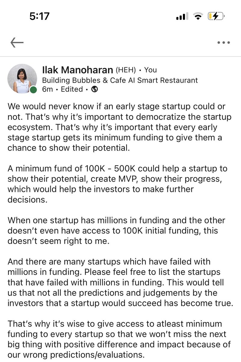 ilakkManoharan's tweet image. We would never know if an early stage startup could or not. That’s why it’s important to democratize the startup ecosystem. That’s why it’s important that every early stage startup gets its minimum funding to give them a chance to show their potential.

#democratize #startup
