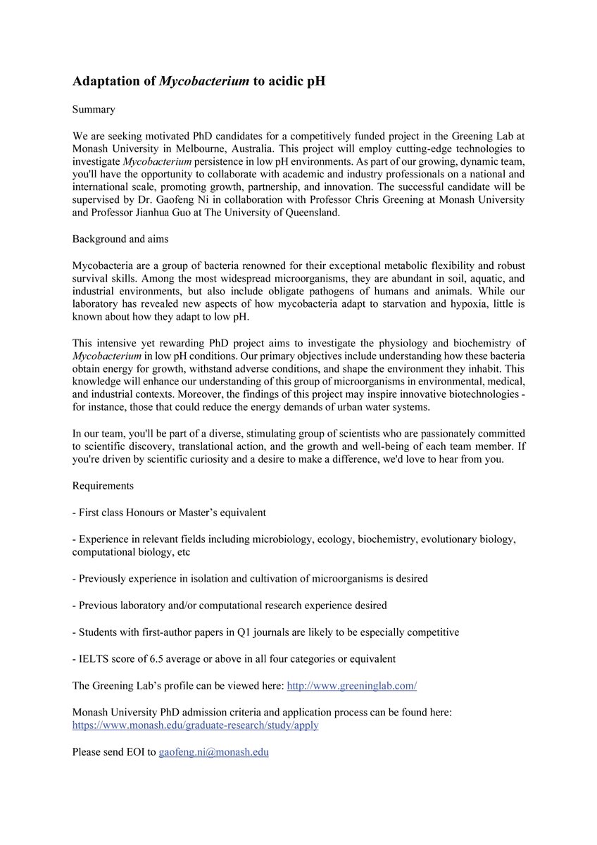 Gaofeng (@gaofengni) on Twitter photo We are hiring - an exciting PhD project aimed at the adaptation of Mycobacterium to acidic pH. From fundamental questions to environmental, medical and industrial implications. With stellar mentors <a href="/greeninglab/">Chris Greening</a> and <a href="/gjhua316/">Jianhua Guo</a>. Spread the word! We are hiring - an exciting PhD project aimed at the adaptation of Mycobacterium to acidic pH. From fundamental questions to environmental, medical and industrial implications. With stellar mentors <a href="/greeninglab/">Chris Greening</a> and <a href="/gjhua316/">Jianhua Guo</a>. Spread the word!
