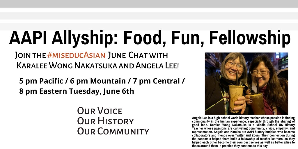📢Pls RT #miseducAsian June Chat on  "AAPI Allyship: Food, Fun, and Fellowship" with <a href="/HistoryFrog/">Karalee Wong Nakatsuka 🐸 @historyfrog.bsky.social</a> and <a href="/mrshistorylee/">Angela A. Lee @MrsHistoryLee on all platforms</a> at 5pm PT/ 6pm MT/ 7pm CT/ 8pm ET on June 6th, 2023!!