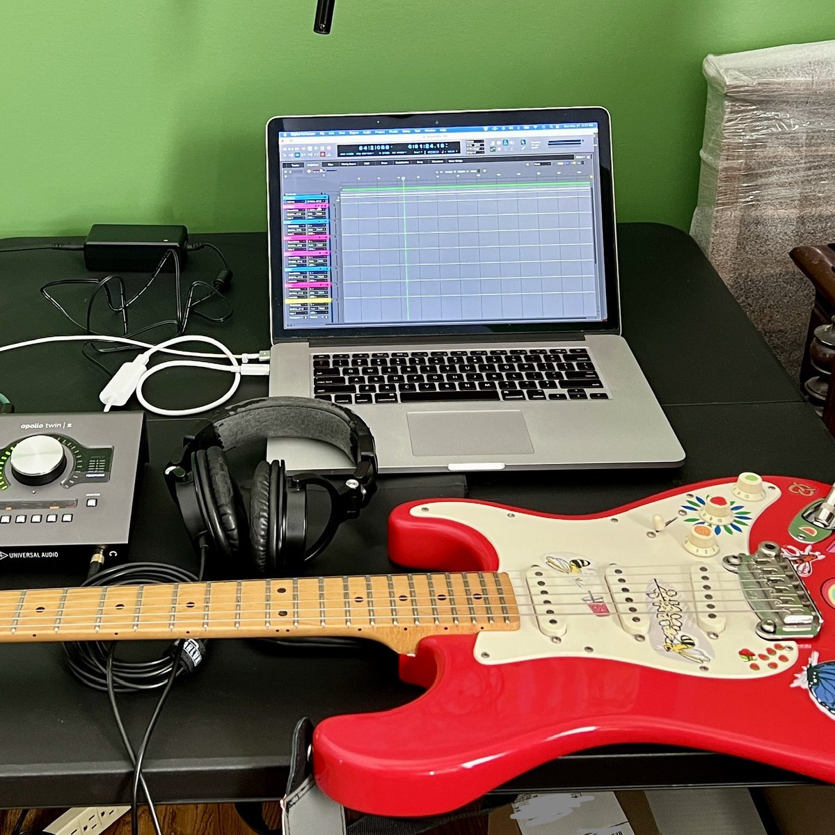 to create music in 2023, studios don't really need to be much more than this #recording #music #mojaveAudio #universalAudio #apolloTwin #album #fender #audioTechnica