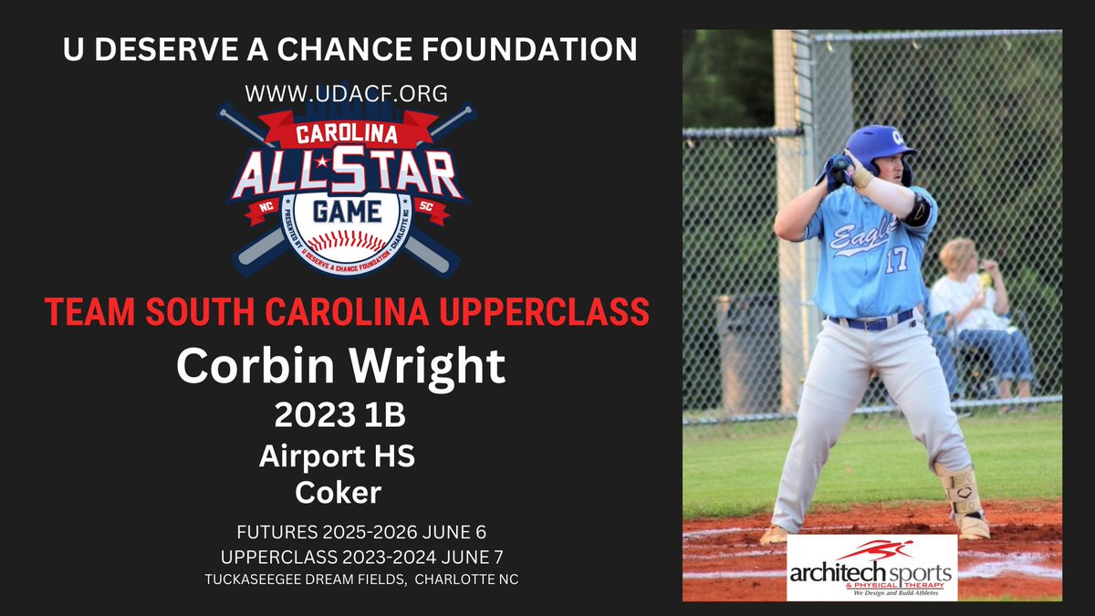 Congratulations <a href="/corbinwright14/">corbin wright</a> who will be representing Team South Carolina Upper-Class in the 2023 @UDACF All-Star Game supported by <a href="/ArchitechSports/">Architech Sports</a>
<a href="/JeffSchaefer2/">Jeff Schaefer</a>
<a href="/Easycheese28/">John Ennis</a>
<a href="/andrewzike/">andrewzike</a>
<a href="/advocacy_base/">Advocacy Baseball Consultants</a>