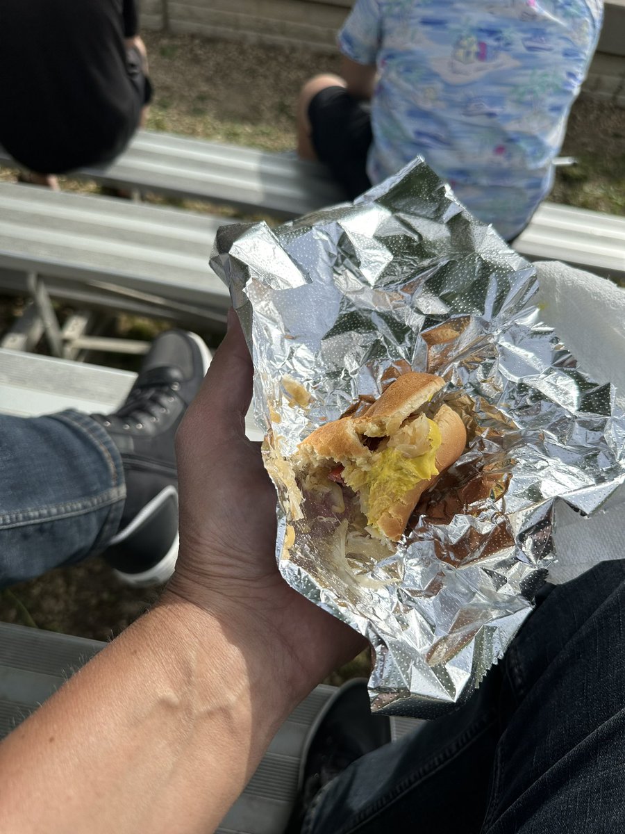 I’m at our brethren to the east. Great cycle ride to Plum City for a their annual M wkd. Tourney. Expected cheese curds and came away with a satisfyingly crunchy skin-on, laced with some tart sauerkraut. 3x.