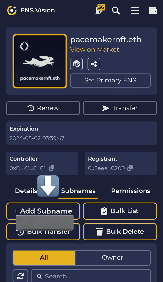 iCryptologist's tweet photo. Anyone from the @Pacemaker_NFT Membership would like to test out this #subname feature for me, please?
#ENSvision #PaceMakerNFT #SetThePace #MembershipClub
•Get Your SubName ASAP before Someone Else Claims It!
•SIGN IN on the WEBSITE for it to work!
https://t.co/tknrcQ409N https://t.co/RVlY3joyyP